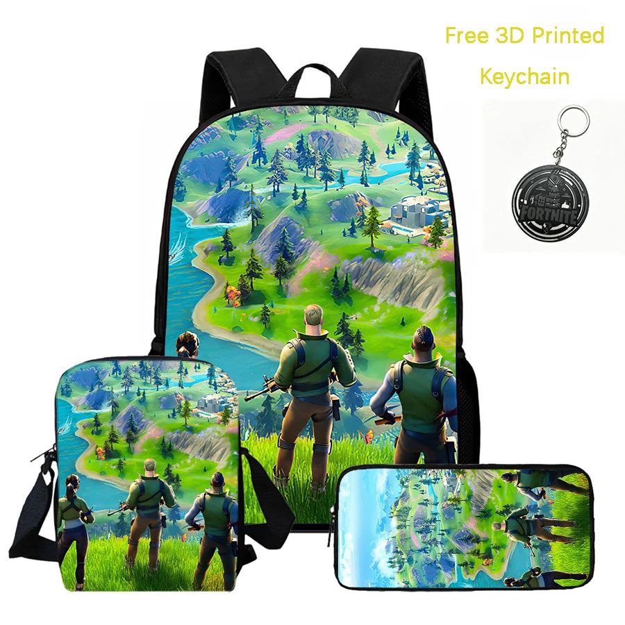 3Pcs Kids Backpack Set, Crossbody & Pencil Bag, FORTNITE Cartoon Bag, Lightweight for Boys and Girls Ages 5-10, Free 3D Printed Keychain