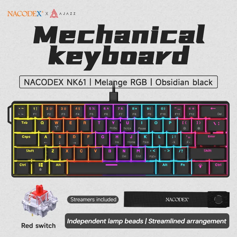 Ajazz NK61 Wired Mechanical Gaming Keyboard with full-key hot-swappable switches RGB lighting effects 61 keys red switches