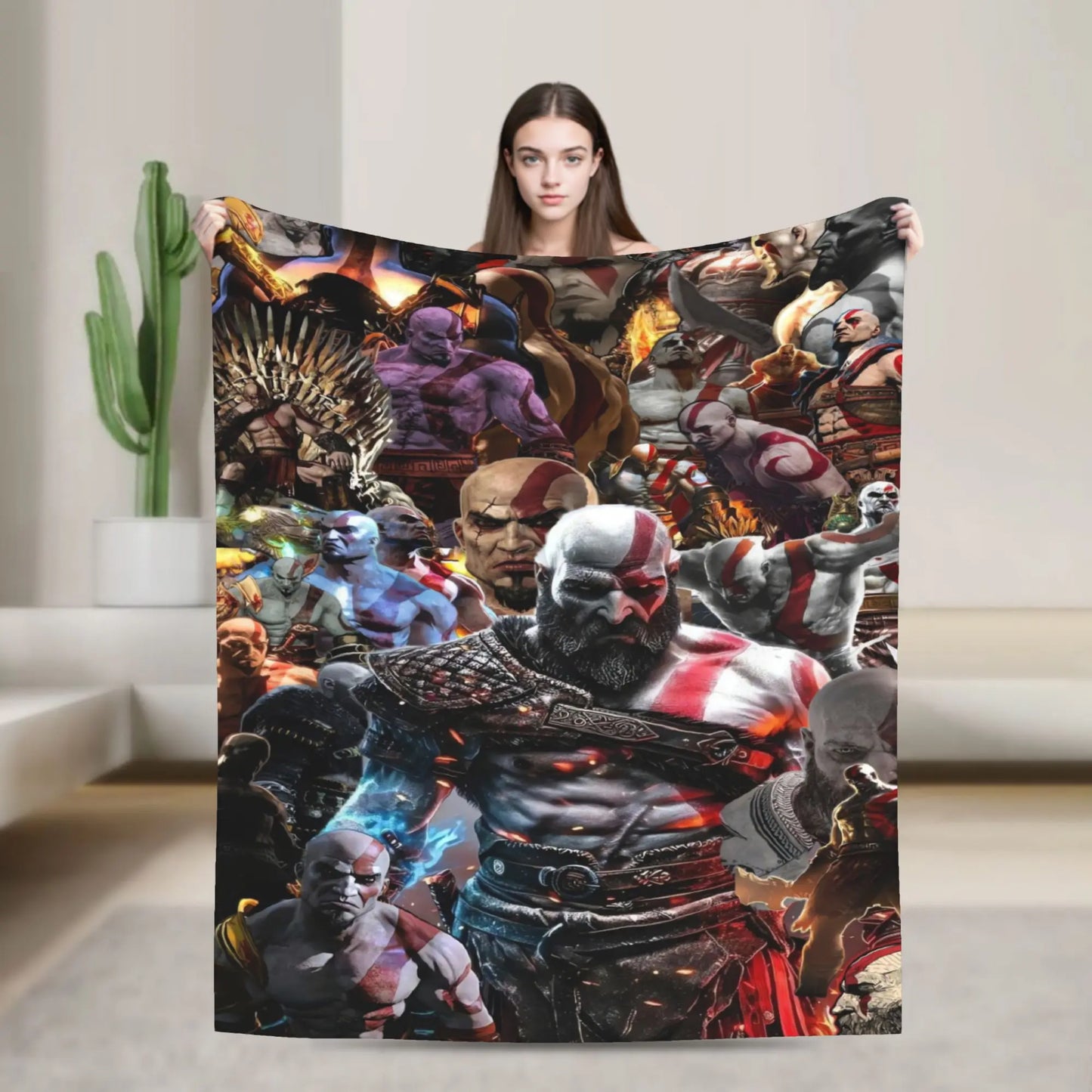 God of War Games Kratos Cartoon Flannel Blanket Super Soft Throw Blanket for Couch Bed Travel Street Trend Bedspread Sofa Bed