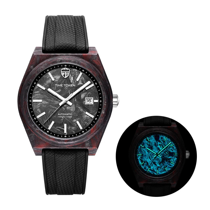 TIME TOKEN Limited Edition 41mm Luminous Magic Carbon Fiber Men's Automatic Mechanical Watches Calendar Miyota8215 Movement