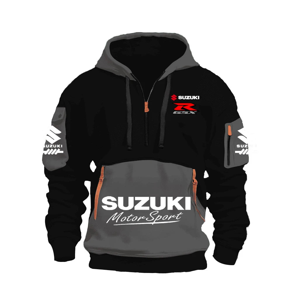 2025 Suzuki Logo Hoodie Motorcycle Racing Cycling Sweatshirt Racing Clothing Sweatshirt Half Zipper Multi-pocket Zipper Hoodie, Produit gaming premium Fraquane