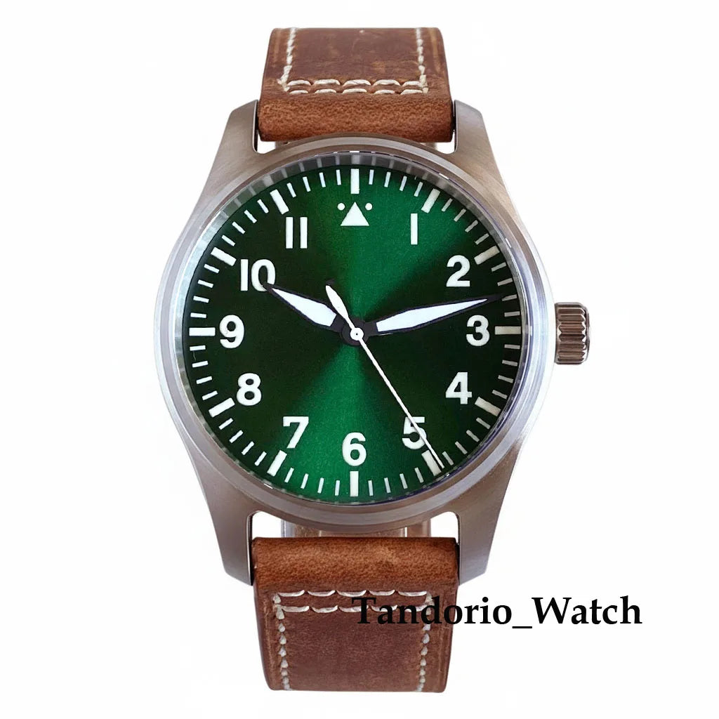 Tandorio 39mm Luxury Pilot Style Automatic Mechanical Men Watch For Miyota 8215 Movement 20ATM Luminous Diver Wristwatch Leather