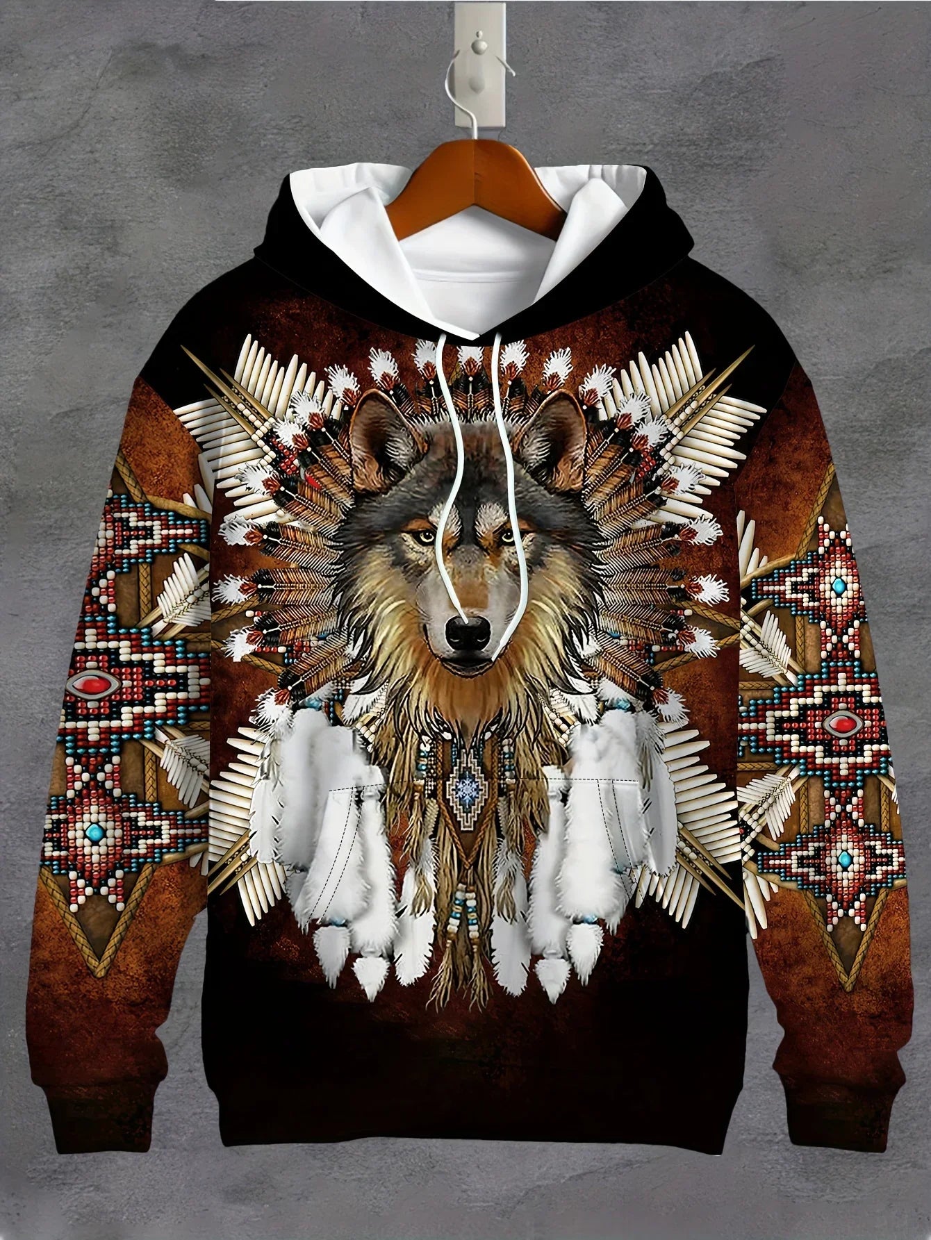 Men's 3D White Wolf Print Hoodie, Casual Long Sleeve Pullover with Drawstring Pocket, 100% Polyester Slight Stretch Men's Clothing