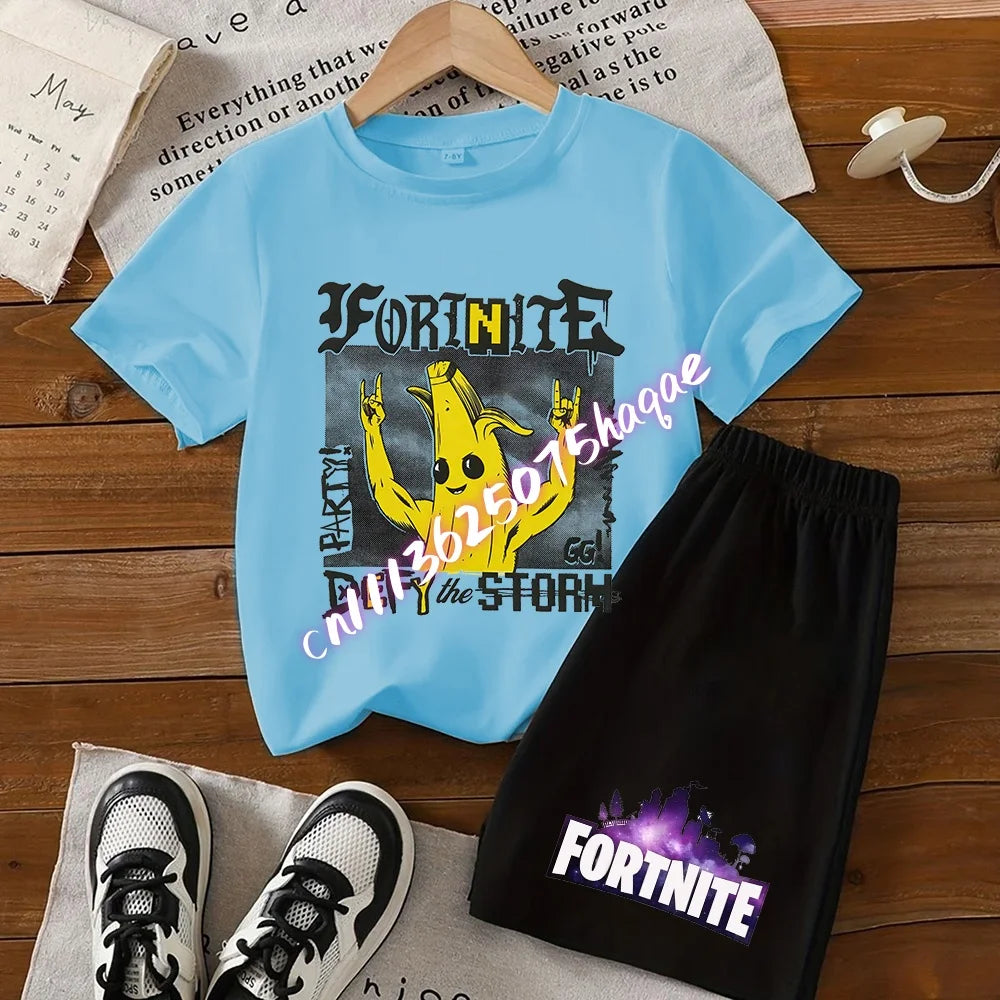 Fortnite Series T-shirt Shorts Suit for Children Hot Game Top and Pants Set Summer Cute Home Loungewear Outfit Birthday Gift