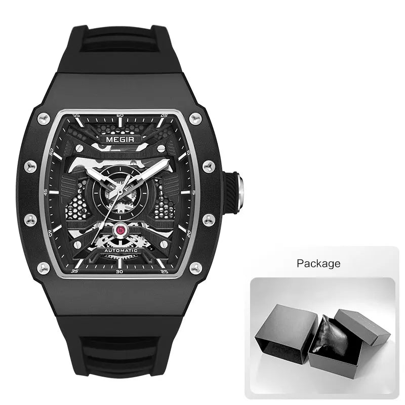 MEGIR Men's Automatic Mechanical Watch with Stainless Steel Case Silicone Strap Fashion Waterproof Luminous Wristwatch 8604
