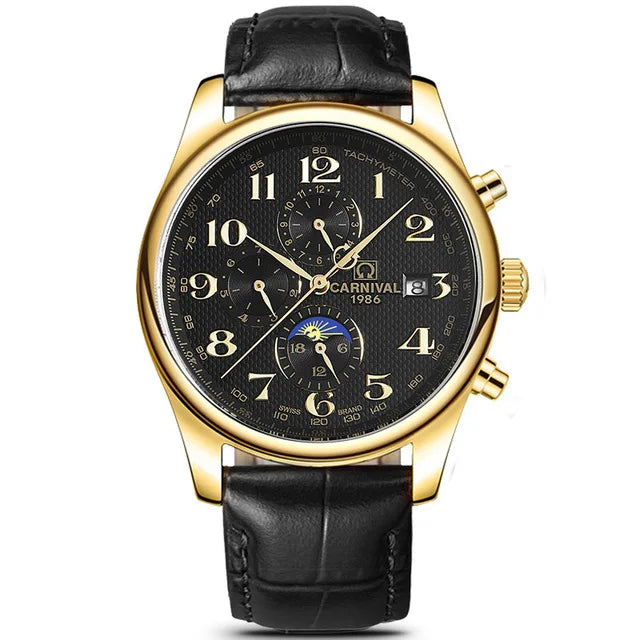 Carnival Brand Automatic Watch, Fashion Luxury Waterproof Calendar with Moon Phase, Mechanical Watches for Men