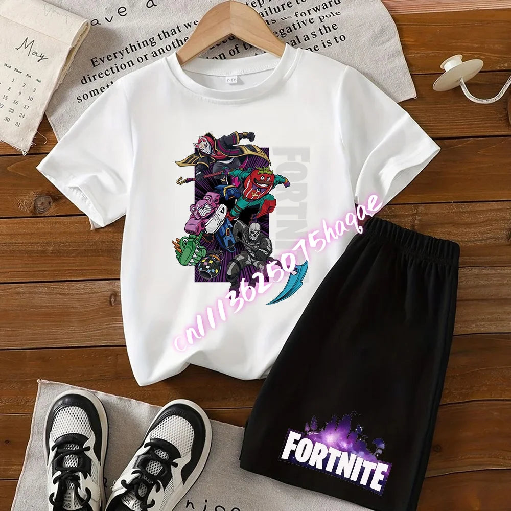 Summer Fortnite T-shirt Shorts for Boys and Girls Tee Pants Set 2pcs Children Clothing Tops T-shirts Fortress Night Print Tees Gift