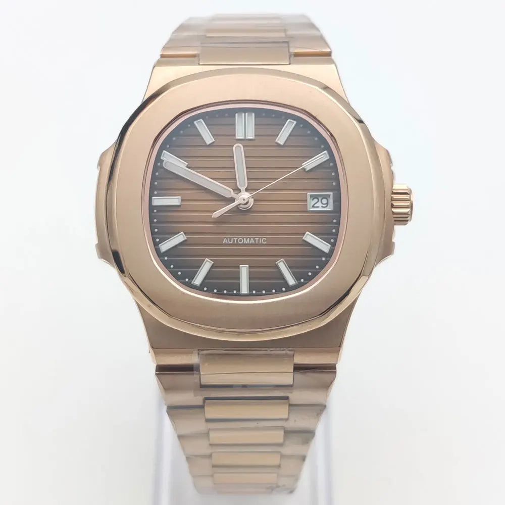 Luxury Rose Gold 40MM Square NH38 Movement Automatic Mechanical Men's Watch Sapphire Crystal Date Stainless Steel Strap