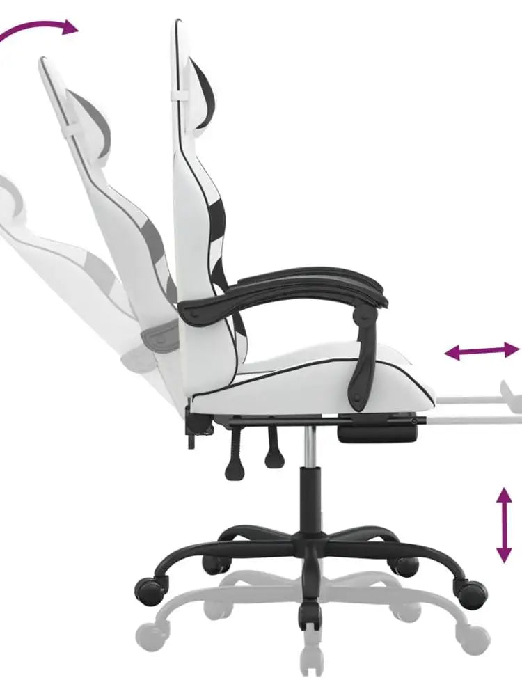 Gaming Chair with Footrest, Reclining Gaming Chair, Adjustable Height 360° Swivel Gaming Chair in White & Black PU Leather for Office & Gaming