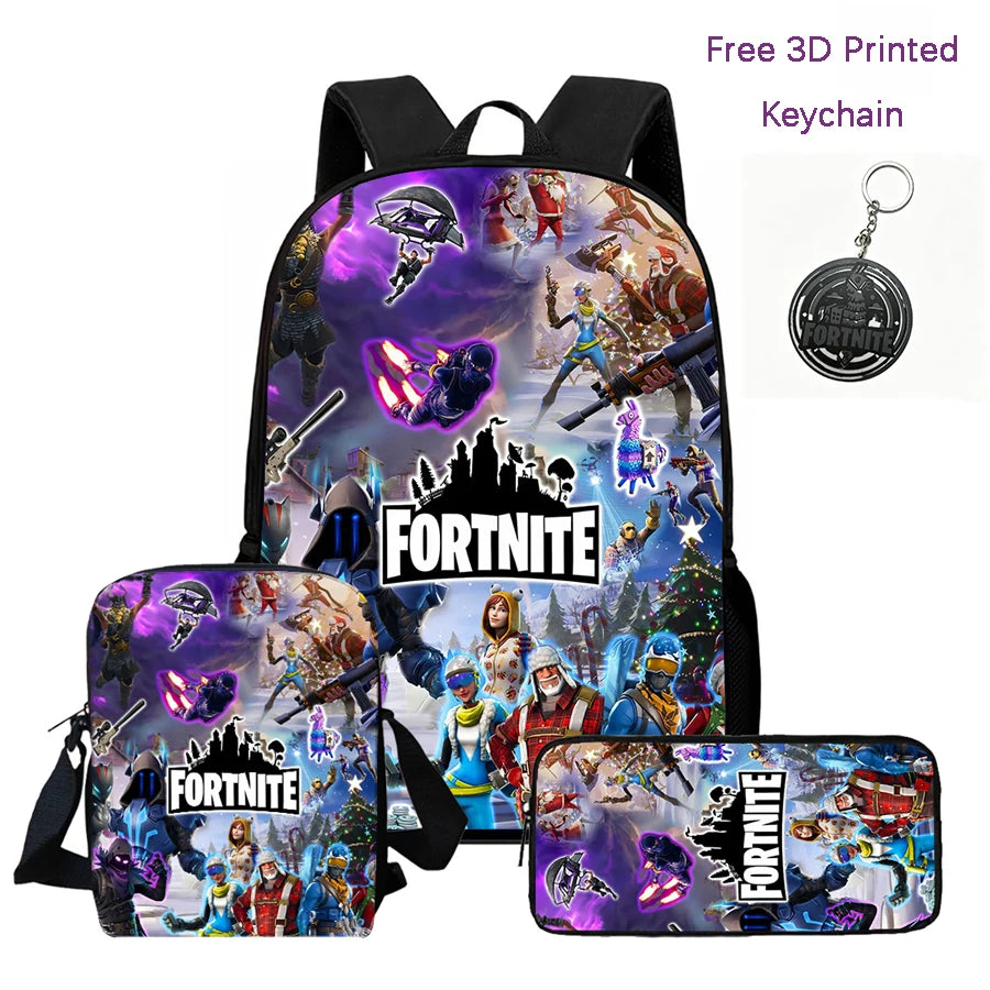 3Pcs Kids Backpack Set, Crossbody & Pencil Bag, FORTNITE Cartoon Bag, Lightweight for Boys Girls 6-10, Free 3D Printed Keychain