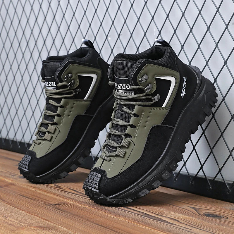 Black and Tan Mid-Top Hiking Boots Suede and Leather Platform Sneakers Non-Slip Outdoor Casual Shoes with Rugged Sole for All