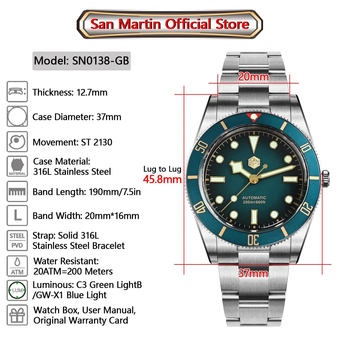 San Martin New Upgraded 37mm BB54 Vintage Men Diver Watch ST2130 Automatic Mechanical Sapphire Luminous Waterproof 200m SN0138