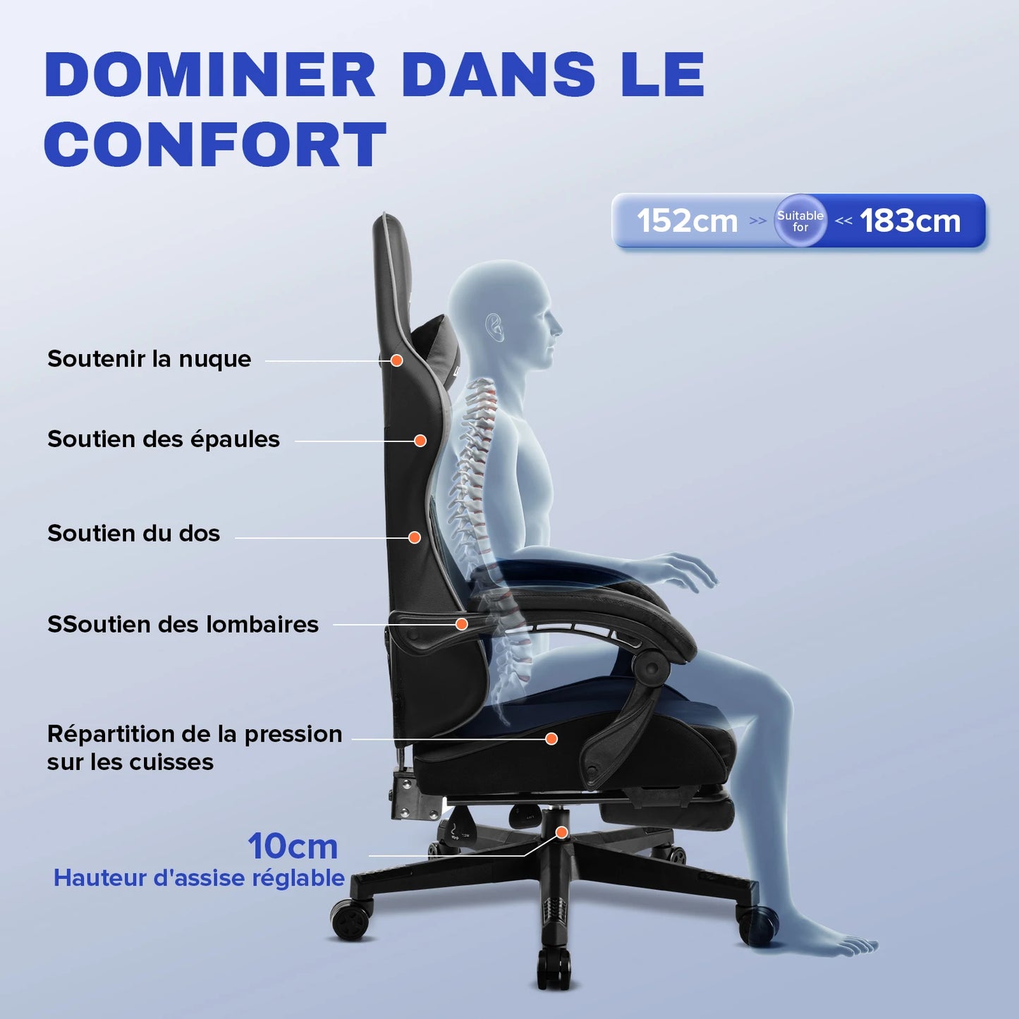 LUCK RACER Gaming Chair with Footrest Ergonomic Office Chair, Adjustable Lumbar Support Pillow, Reclining Gamer Chair 150KG Capacity