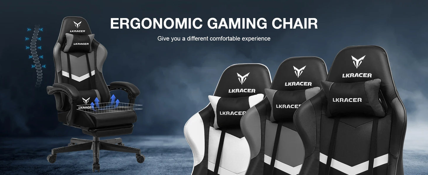 LUCK RACER Gaming Chair with Footrest Ergonomic Office Chair, Adjustable Lumbar Support Pillow, Reclining Gamer Chair 150KG Capacity