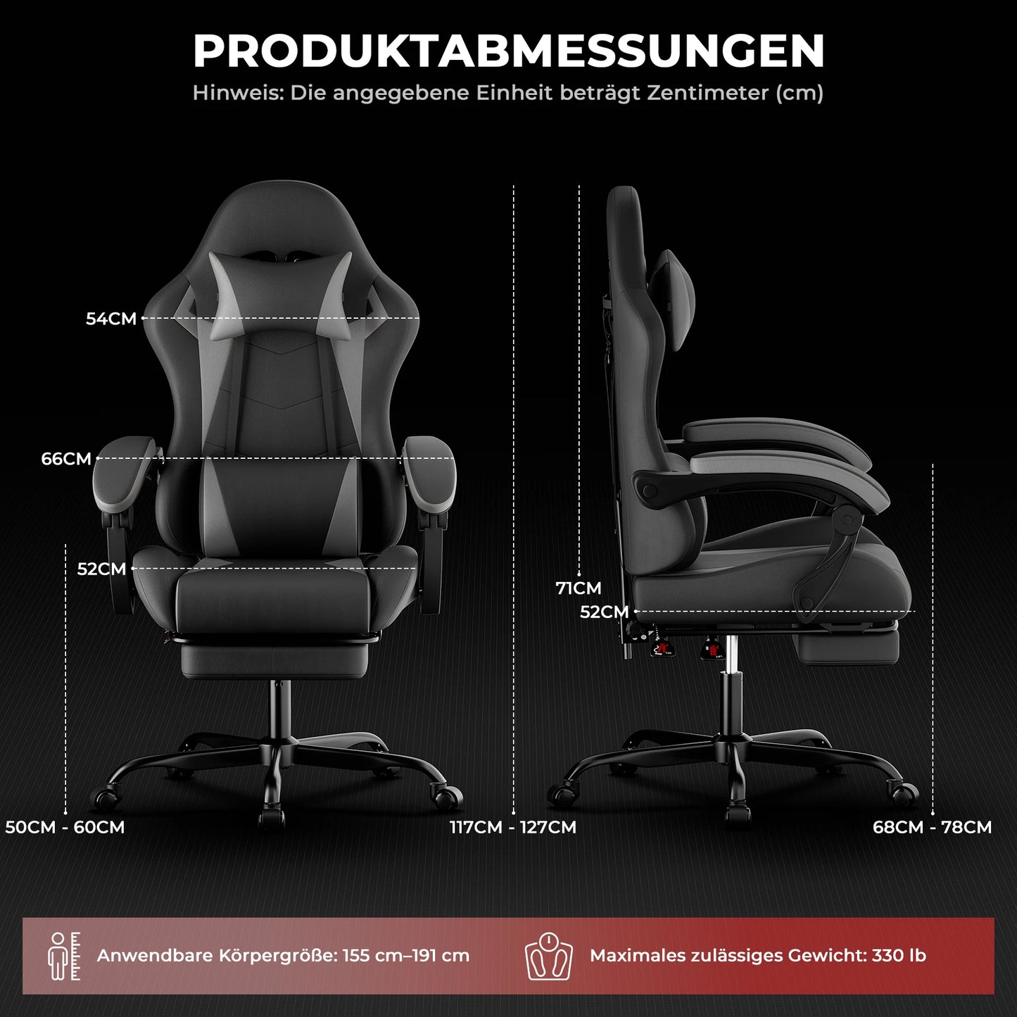 Black & Grey PU Leather Gaming Chair, Ergonomic Racing Style Computer Chair with Footrest, Height Adjustable Swivel Office Chair with Lumbar Support & Headrest for Adults, Boys and Girls