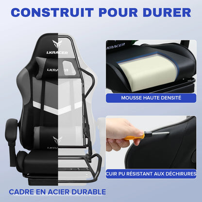 LUCK RACER Gaming Chair with Footrest Ergonomic Office Chair, Adjustable Lumbar Support Pillow, Reclining Gamer Chair 150KG Capacity