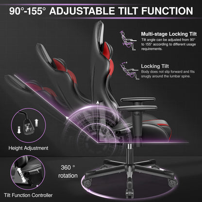 Ergonomic Gaming Chair PU Leather Office Chair with Adjustable Armrests, Waterproof Racing Chair, 150kg Heavy Duty Reclining Gaming Seat