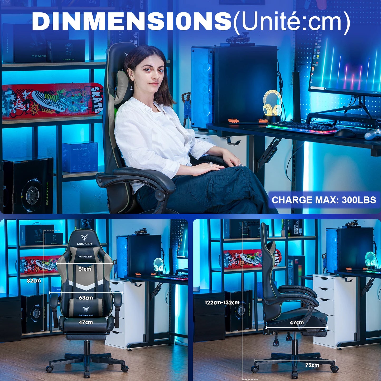LUCK RACER Gaming Chair with Footrest Ergonomic Office Chair, Adjustable Lumbar Support Pillow, Reclining Gamer Chair 150KG Capacity