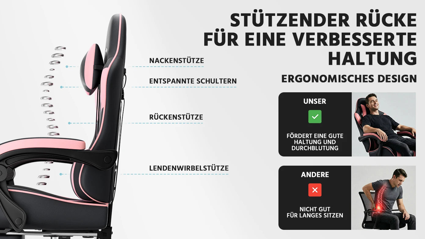 Black & Pink Gaming Chair Ergonomic PU Leather Computer Chair with Footrest, Adjustable High-Back Gaming Chair with Lumbar Support & Headrest