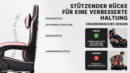 Black & Pink Gaming Chair Ergonomic PU Leather Computer Chair with Footrest, Adjustable High-Back Gaming Chair with Lumbar Support & Headrest