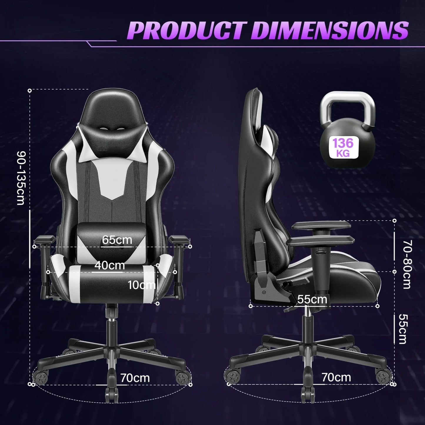 Ergonomic Gaming Chair with Lumbar Support, Adjustable Headrest, PU Leather Reclining Gaming Chair for Office & Computer Desk