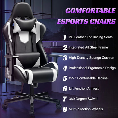 Ergonomic Gaming Chair with Lumbar Support, Adjustable Headrest, PU Leather Reclining Gaming Chair for Office & Computer Desk