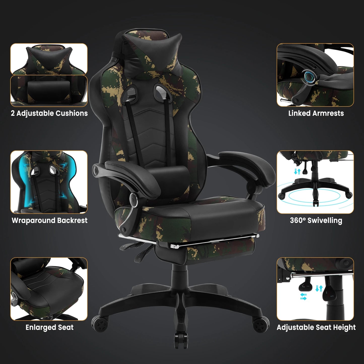 WOLTU Racing Gaming Chair Ergonomic Office Chair with Footrest, Adjustable Reclining Gamer Chair, Swivel Computer Desk Chair with Headrest & Lumbar Support