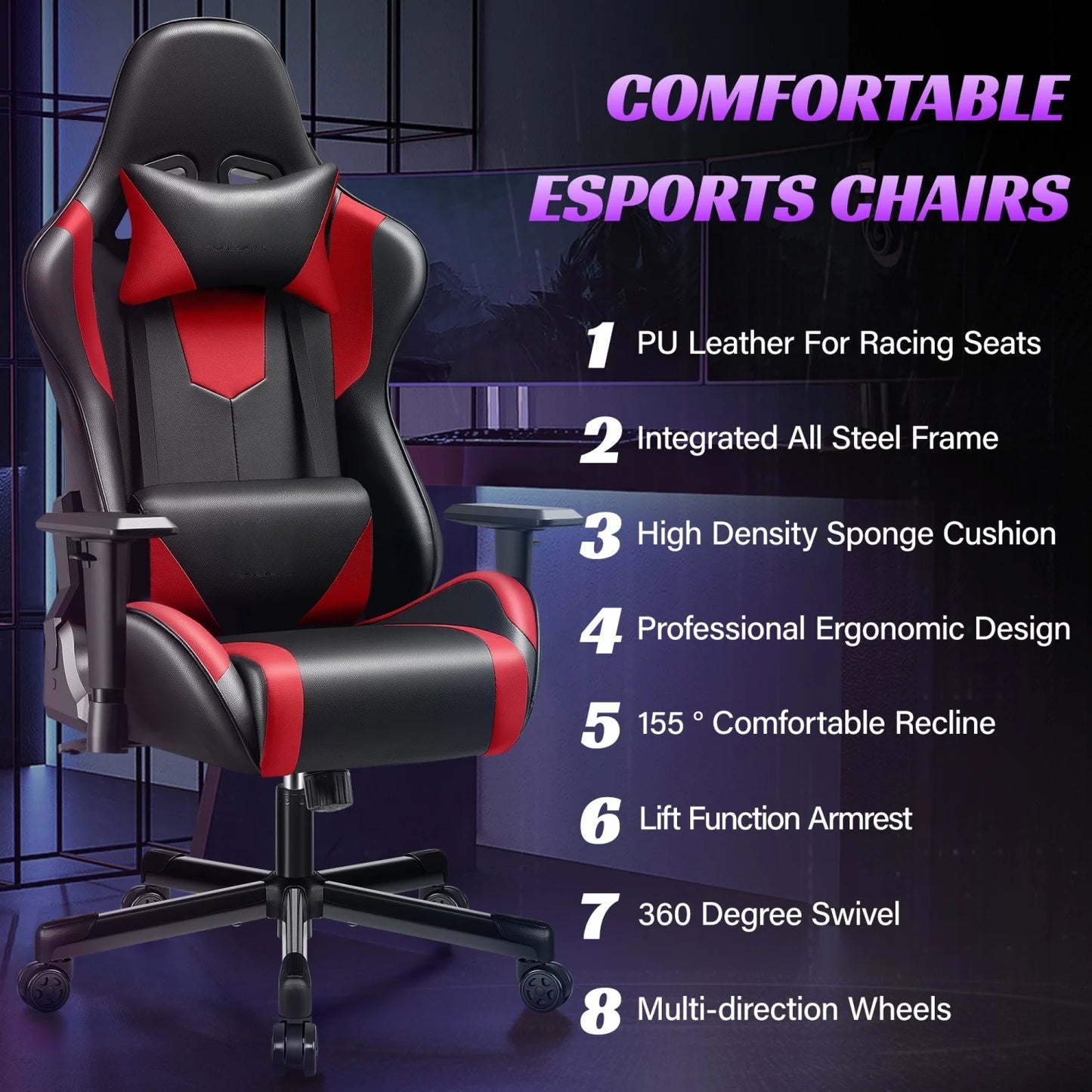 Ergonomic Gaming Chair with Lumbar Support, Adjustable PU Leather Gaming Chair with Headrest, Reclining Swivel Office Chair for PC Gaming
