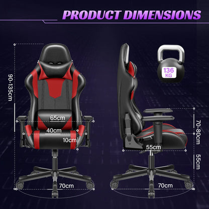 Ergonomic Gaming Chair with Lumbar Support, Adjustable PU Leather Gaming Chair with Headrest, Reclining Swivel Office Chair for PC Gaming