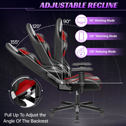 Ergonomic Gaming Chair with Lumbar Support, Adjustable PU Leather Gaming Chair with Headrest, Reclining Swivel Office Chair for PC Gaming