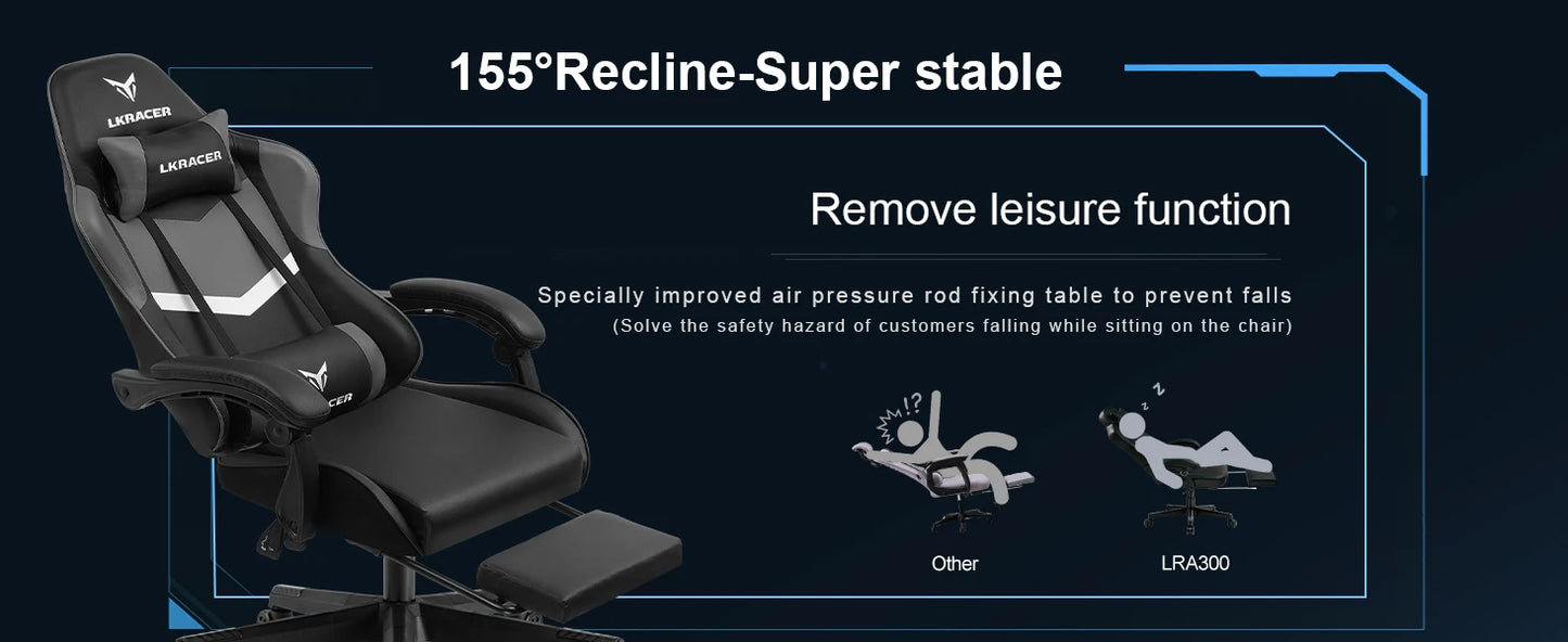 LUCK RACER Gaming Chair with Footrest Ergonomic Office Chair, Adjustable Lumbar Support Pillow, Reclining Gamer Chair 150KG Capacity