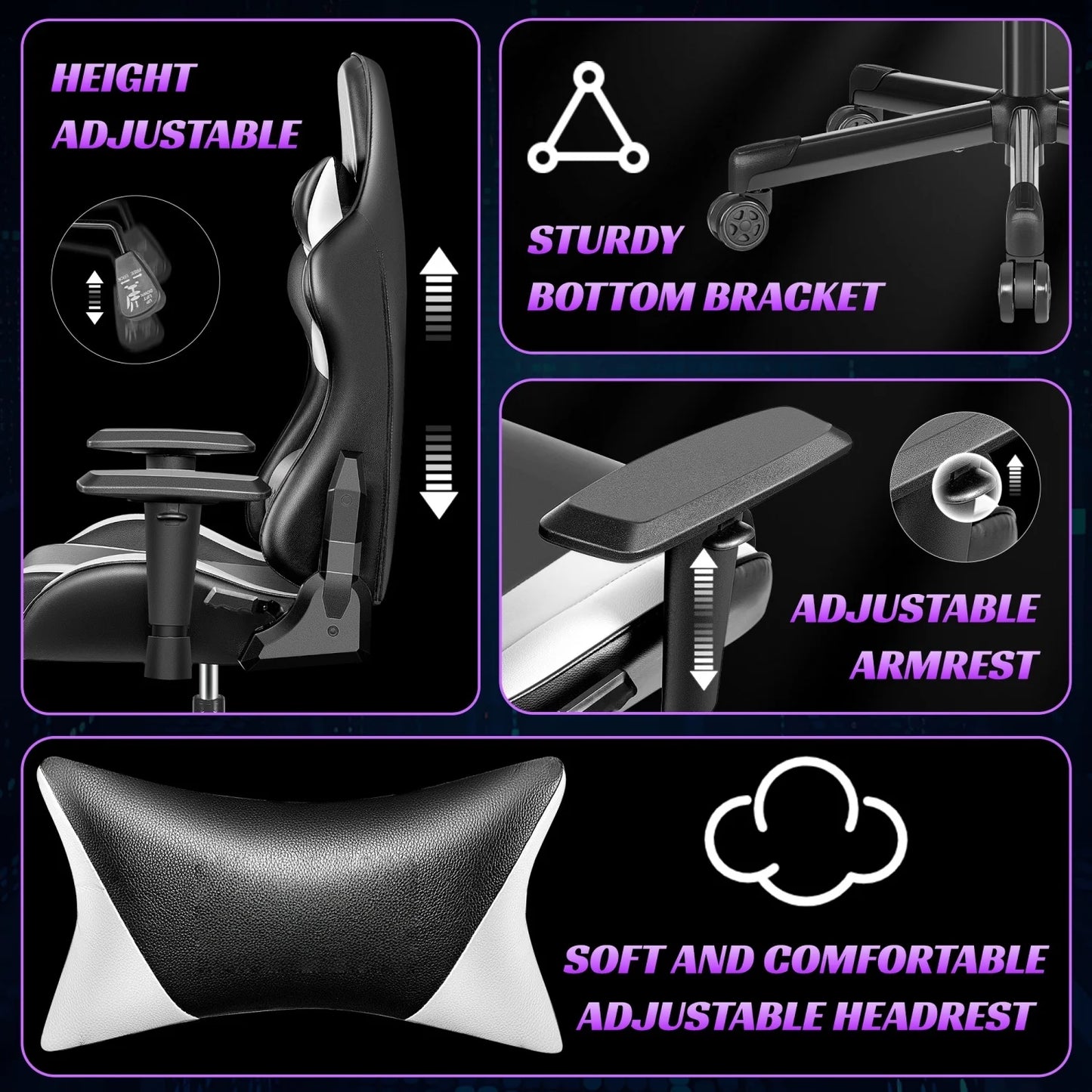 Ergonomic Gaming Chair with Lumbar Support, Adjustable Headrest, PU Leather Reclining Gaming Chair for Office & Computer Desk