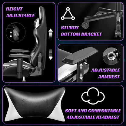 Ergonomic Gaming Chair with Lumbar Support, Adjustable Headrest, PU Leather Reclining Gaming Chair for Office & Computer Desk