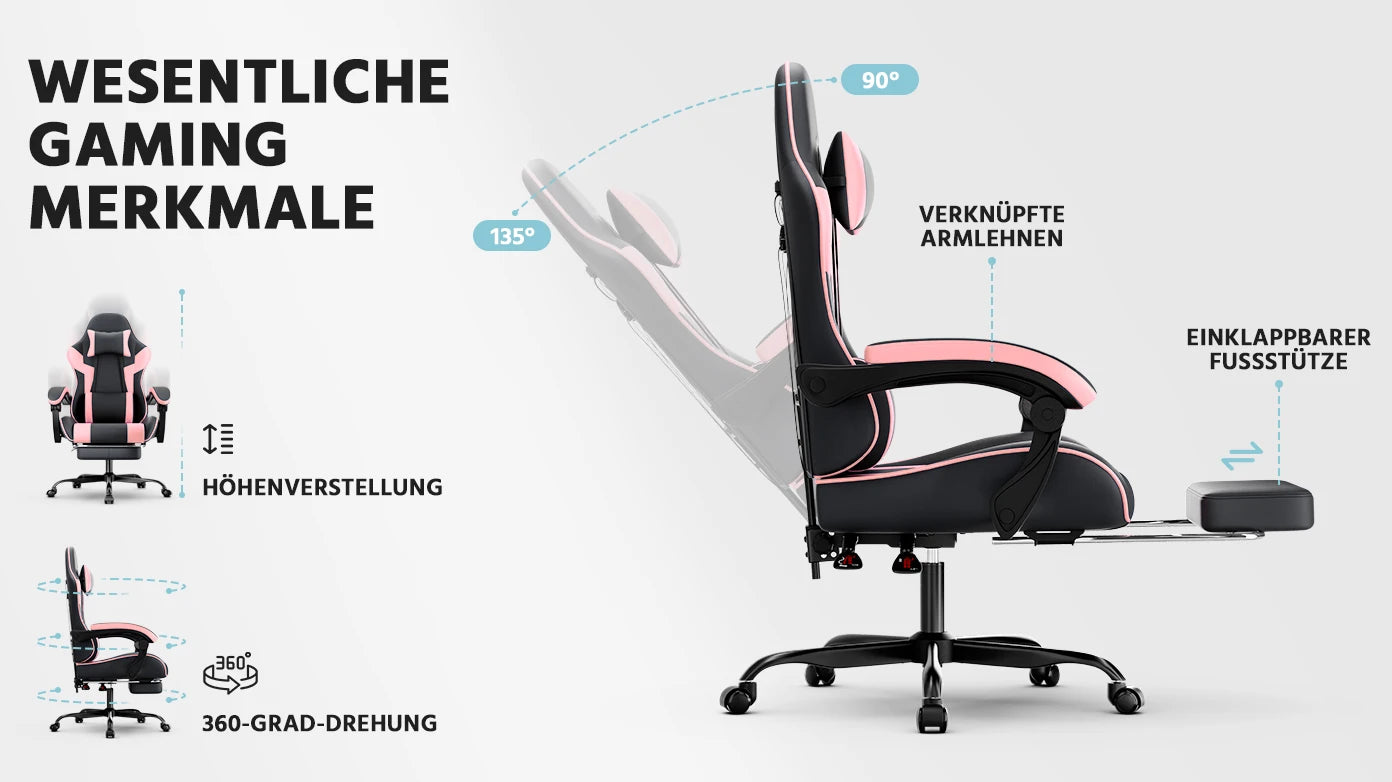 Black & Pink Gaming Chair Ergonomic PU Leather Computer Chair with Footrest, Adjustable High-Back Gaming Chair with Lumbar Support & Headrest