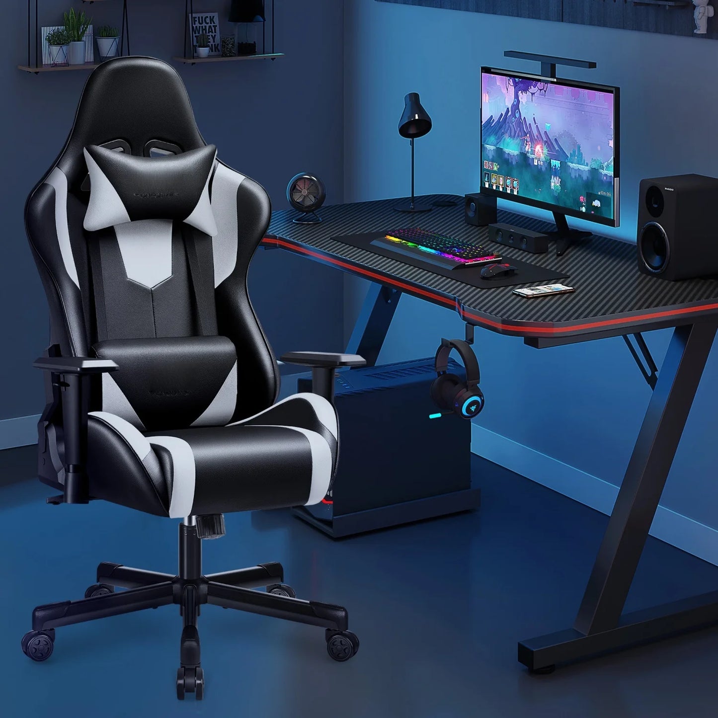 Ergonomic Gaming Chair with Lumbar Support, Adjustable Headrest, PU Leather Reclining Gaming Chair for Office & Computer Desk