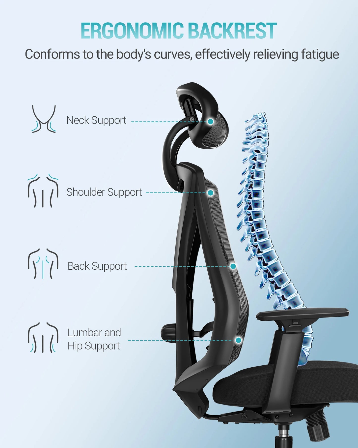 1 Black Ergonomic Office Chair, Computer Chair, Swivel Chair with Adjustable Lumbar Support, Headrest and Armrest, Height Adjustment