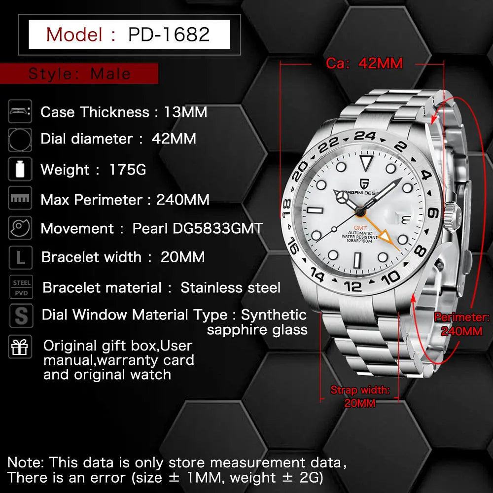 Pagani Design 2026 New Men's Automatic Mechanical Watch GMT Sapphire Stainless Steel Waterproof 10Bar Luminous BWG-9 Watch for Men