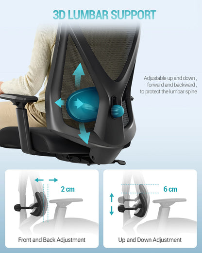 1 Black Ergonomic Office Chair, Computer Chair, Swivel Chair with Adjustable Lumbar Support, Headrest and Armrest, Height Adjustment