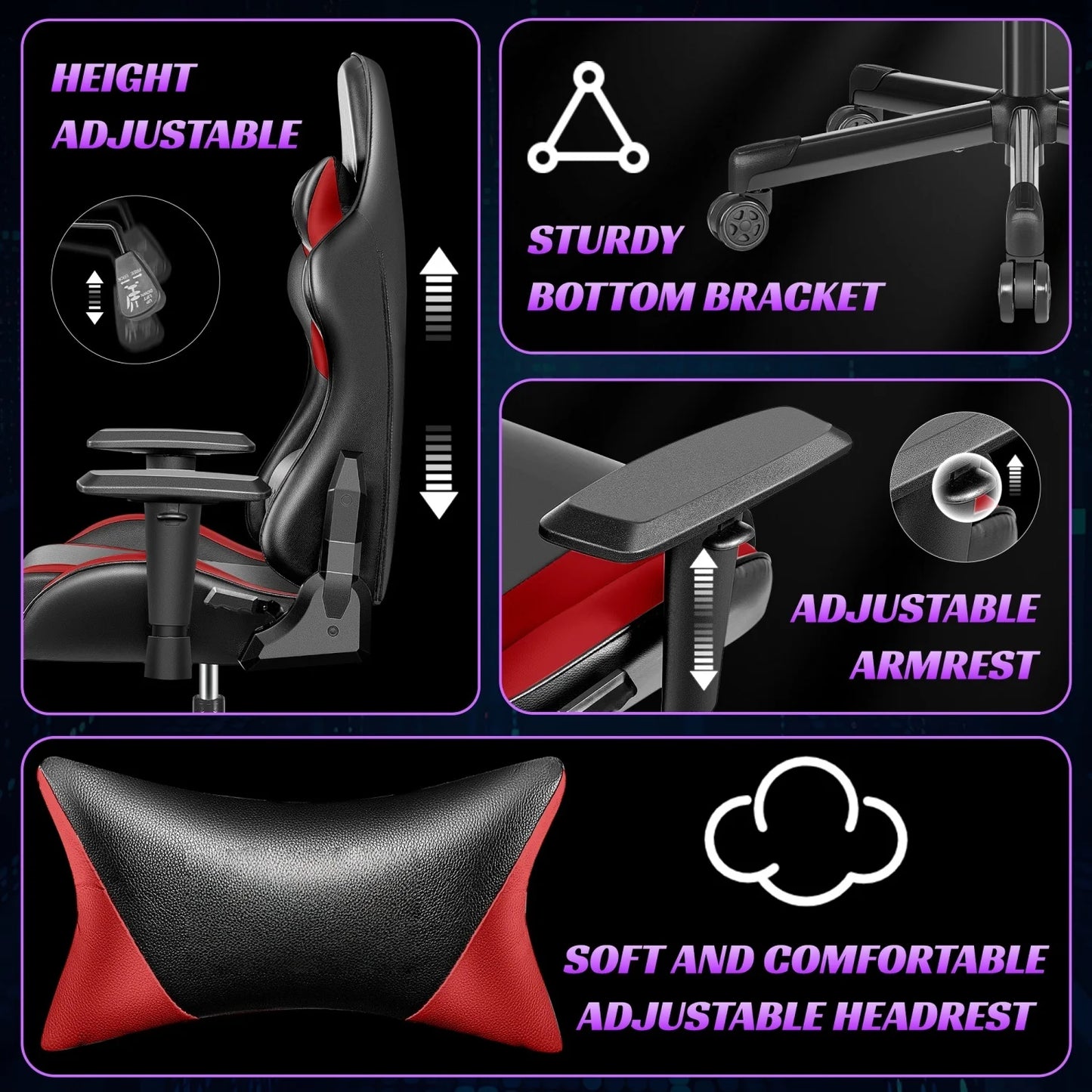 Ergonomic Gaming Chair with Lumbar Support, Adjustable PU Leather Gaming Chair with Headrest, Reclining Swivel Office Chair for PC Gaming