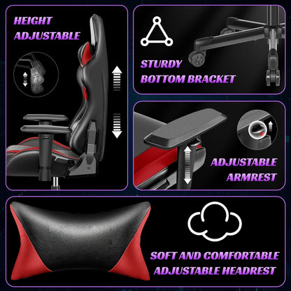 Ergonomic Gaming Chair with Lumbar Support, Adjustable PU Leather Gaming Chair with Headrest, Reclining Swivel Office Chair for PC Gaming