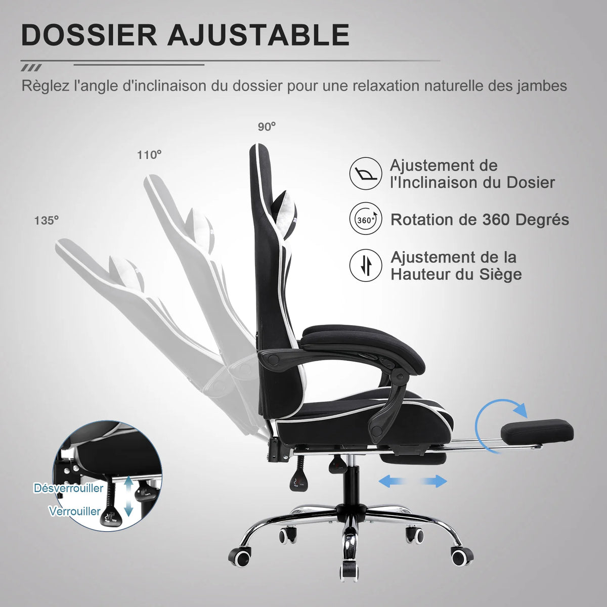 GTPLAYER Ergonomic Gaming Chair with Footrest & Lumbar Pillow, Fabric Office Chair with Headrest, Adjustable Swivel Computer Gaming Chair for Home & Office