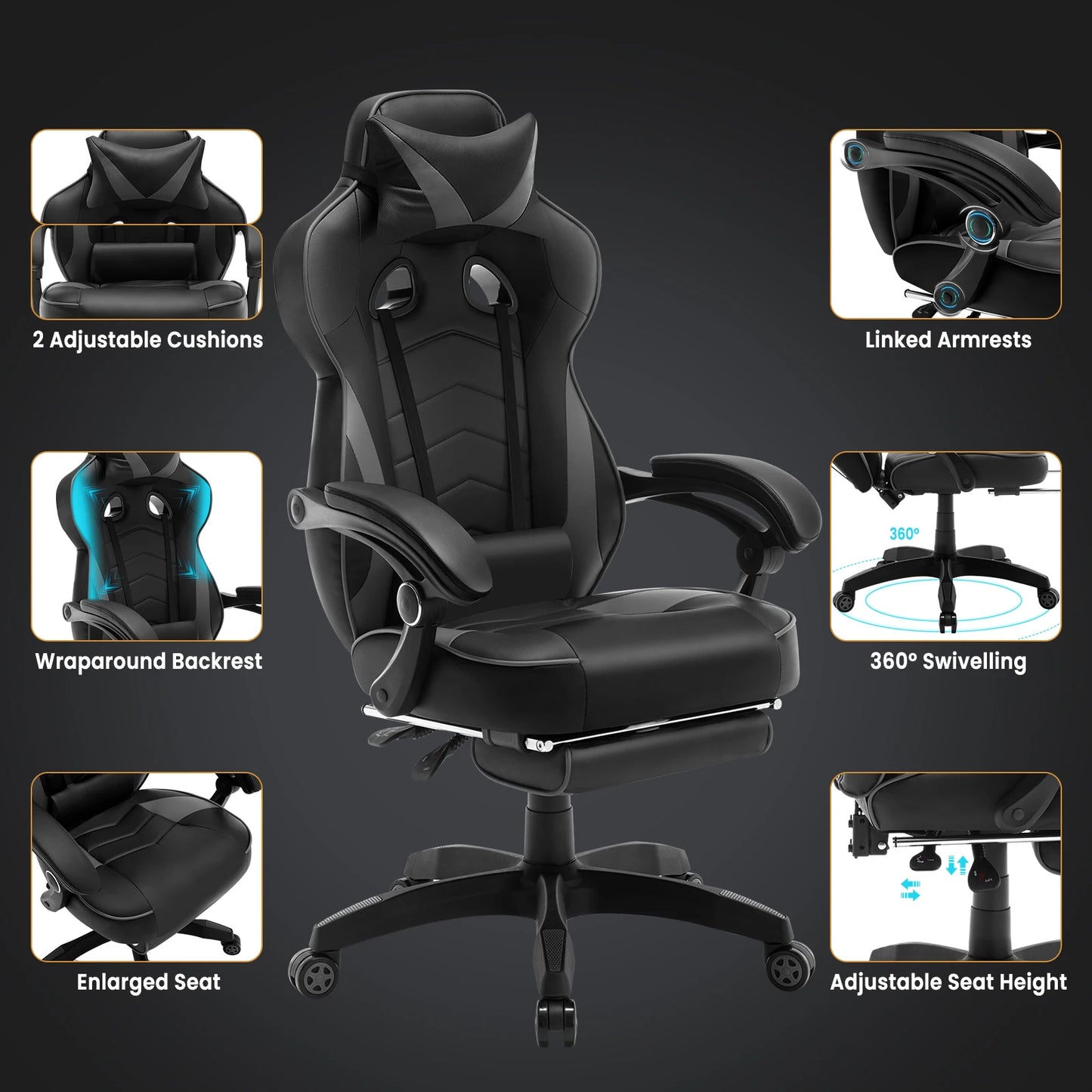 WOLTU Racing Gaming Chair Ergonomic Office Chair with Footrest, Adjustable Reclining Gamer Chair, Swivel Computer Desk Chair with Headrest & Lumbar Support