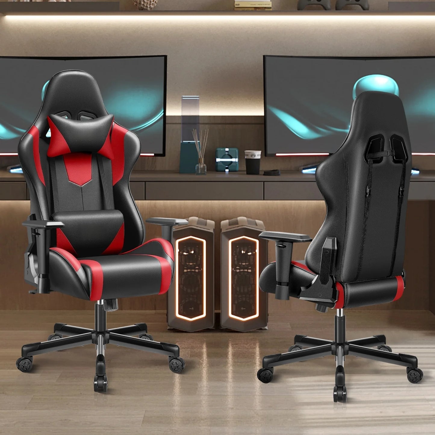 Ergonomic Gaming Chair with Lumbar Support, Adjustable PU Leather Gaming Chair with Headrest, Reclining Swivel Office Chair for PC Gaming