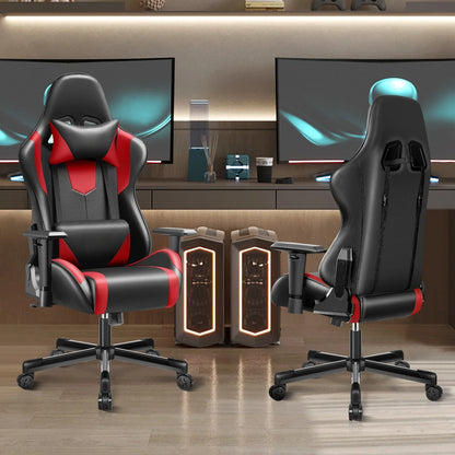 Ergonomic Gaming Chair with Lumbar Support, Adjustable PU Leather Gaming Chair with Headrest, Reclining Swivel Office Chair for PC Gaming