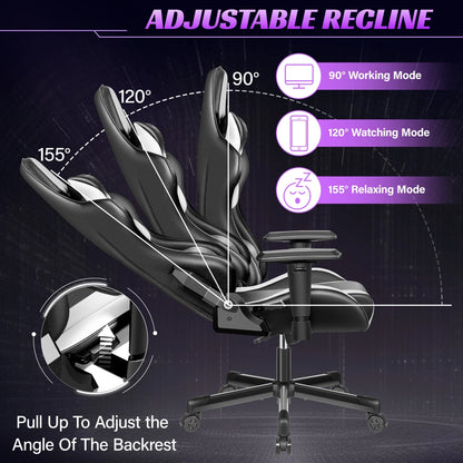 Ergonomic Gaming Chair with Lumbar Support, Adjustable Headrest, PU Leather Reclining Gaming Chair for Office & Computer Desk