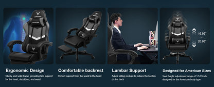 LUCK RACER Gaming Chair with Footrest Ergonomic Office Chair, Adjustable Lumbar Support Pillow, Reclining Gamer Chair 150KG Capacity