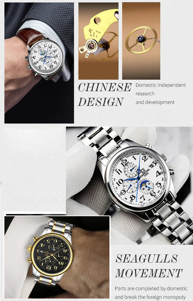 Carnival Brand Automatic Watch, Fashion Luxury Waterproof Calendar with Moon Phase, Mechanical Watches for Men