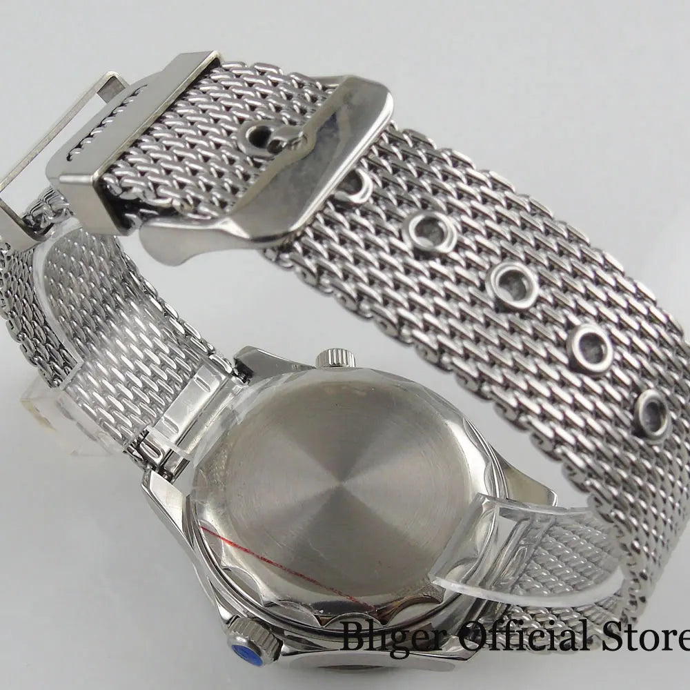 BLIGER 41mm Mechanical Men Watch Sapphire Glass Date 24 Jewel NH35PT5000 MIYOTA 8215 Stainless Steel Mesh Band Rotating Bezel