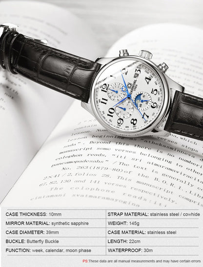 Carnival Brand Automatic Watch, Fashion Luxury Waterproof Calendar with Moon Phase, Mechanical Watches for Men