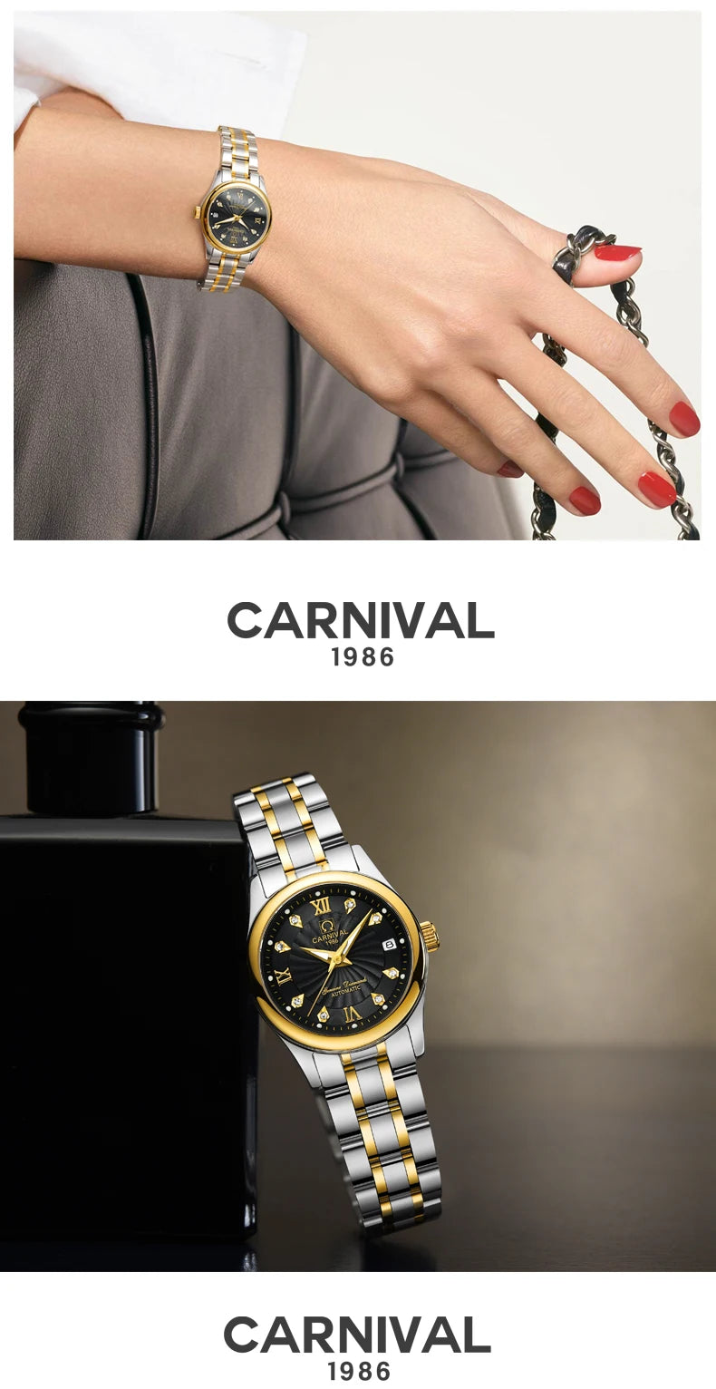 CARNIVAL Brand Luxury Mechanical Watch for Women Ladies Fashion Sapphire Automatic Movement Wristwatches Waterproof Watch for Women